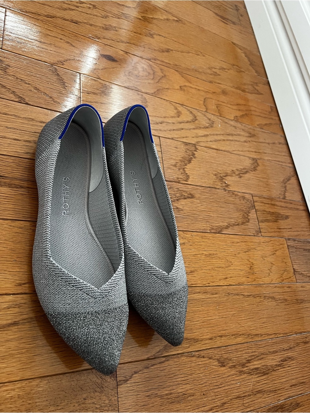 Rothy's Pointed Knit Flats in Silver and Royal Blue Trim